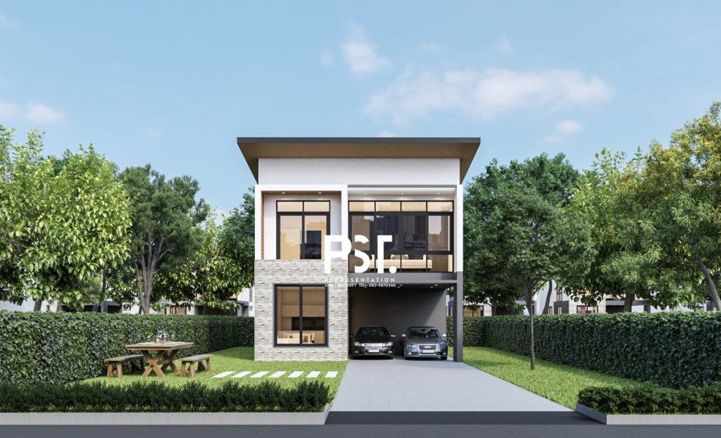 ภาพตัวอย่างานเรนเดอร์ 3D Perspective ออกแบบภายนอก โครงการบ้านจัดสรร